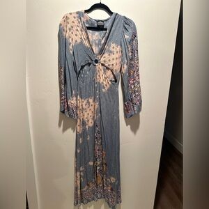 Angie Boho Maxi Dress Blue Taupe Cutout Ring Detail Size M